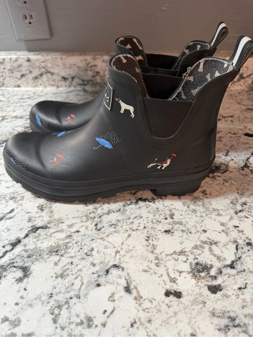 Joules Black Rain Clog Boots with Blue Umbrella & Red Accent Print